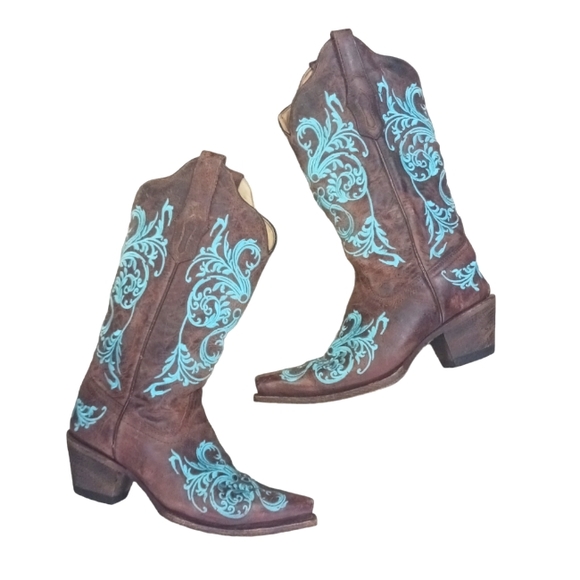 Corral Shoes - Corral Women's Cowboy Boots Turquoise Embroidered Brown Distressed Leather Boots